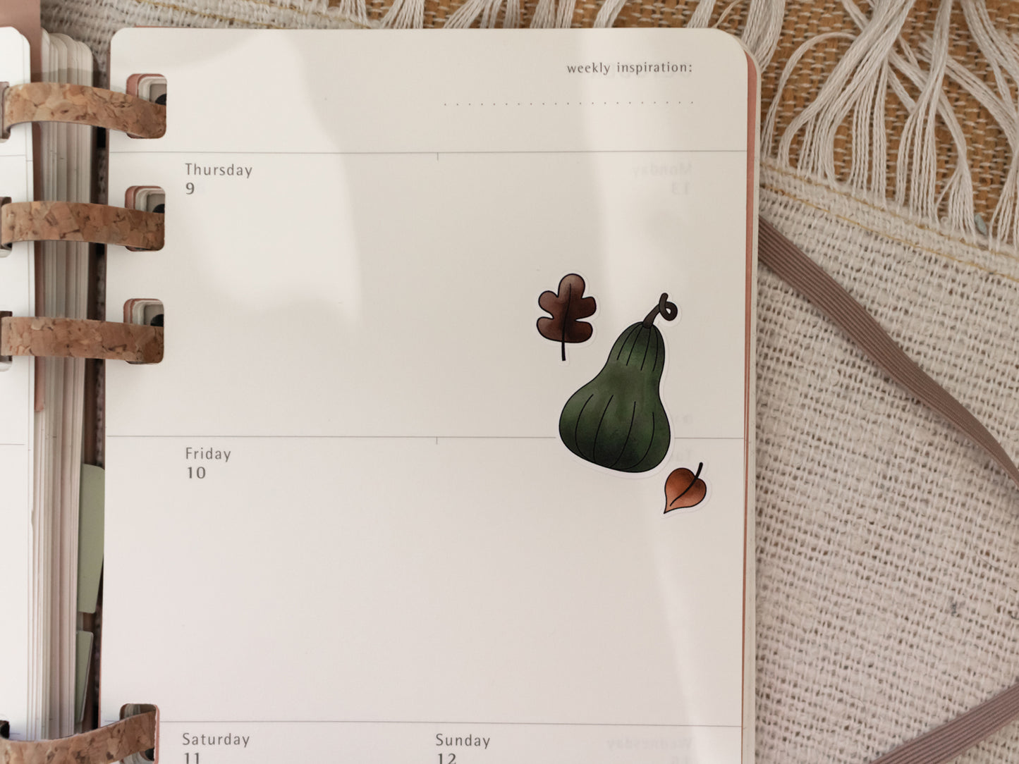 Planner page with a decorative leaf and pumpkin sticker on a textured surface