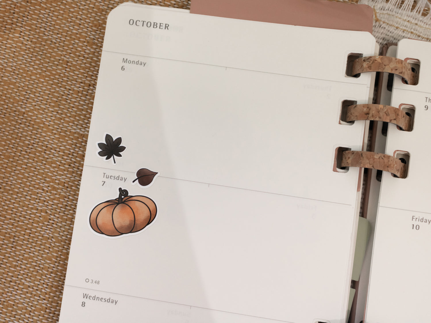Planner with a pumpkin sticker on an October page.