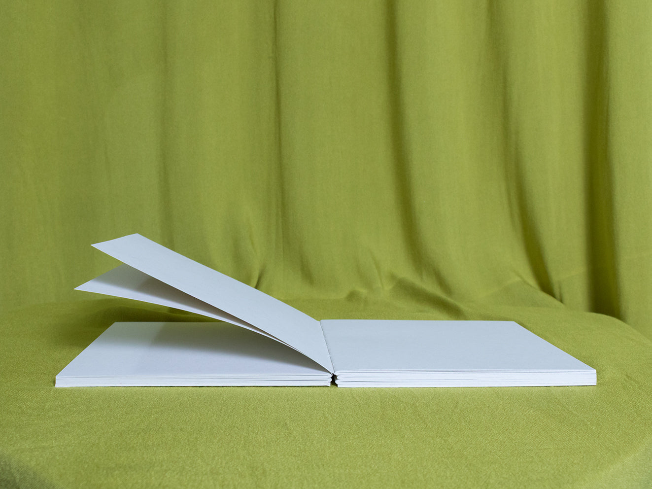 Open sketchbook on a green fabric background