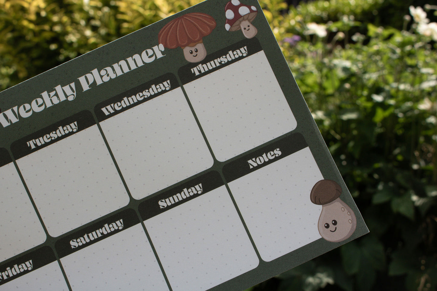 A5 Weekly Planner Pad with Mushroom Design by Mellow Apricot Studio - close up on mushroom